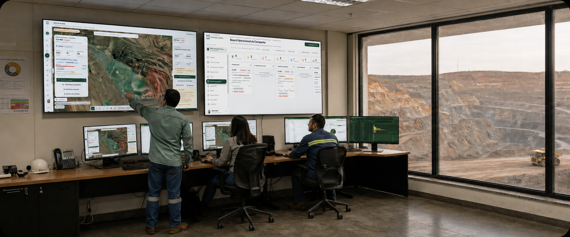 Sala de operações com equipe analisando dados do MineWork em grandes telas, com a cava da mina visível pela janela