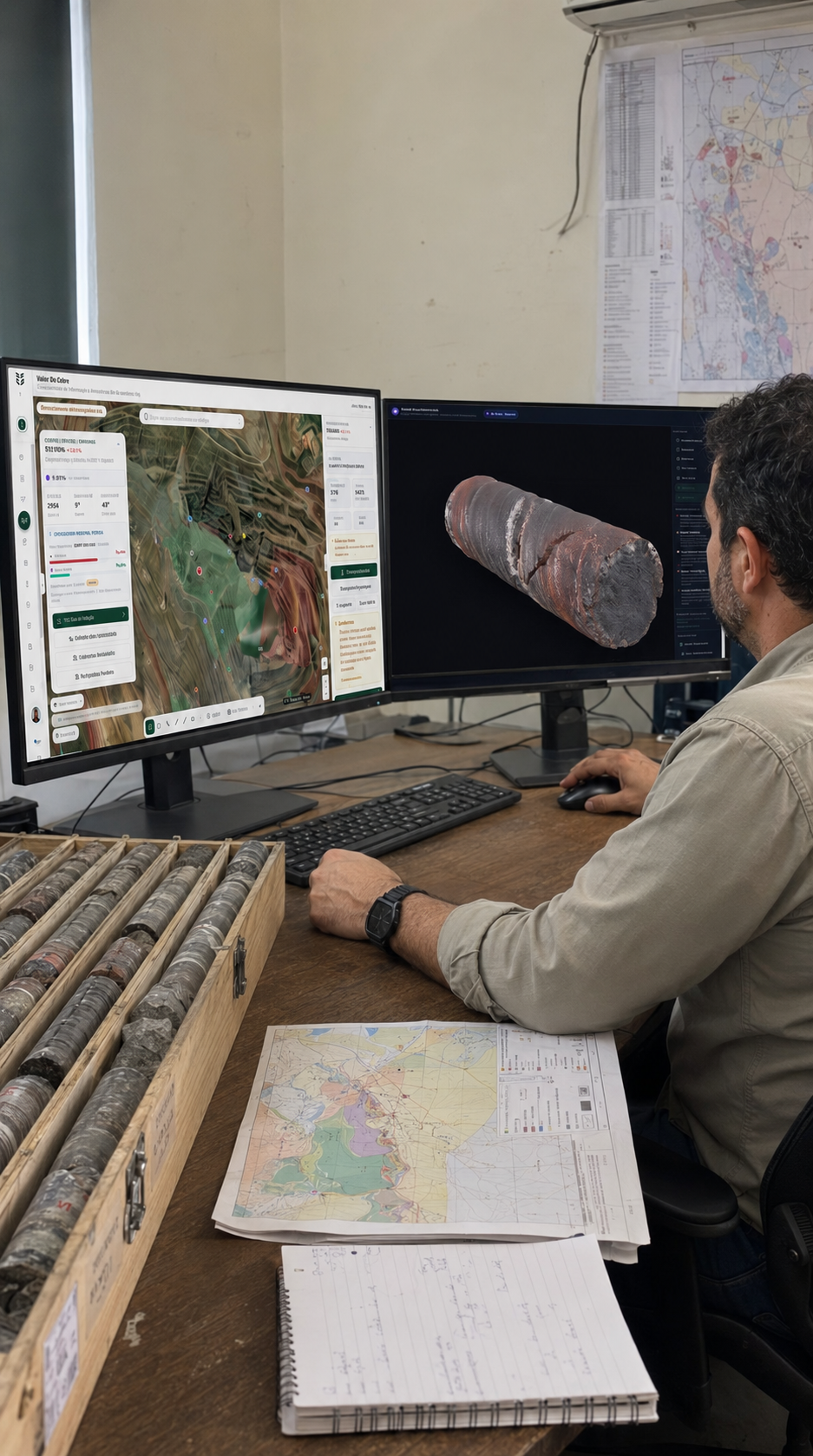 Geólogo trabalhando com o MineWork: mapa da cava em um monitor e modelo 3D de testemunho no outro